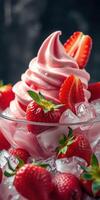 Delicious strawberry soft serve ice cream served in a bowl with fresh strawberries and crushed ice during a summer day photo