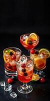 Brightly colored cocktails with fresh fruits and ice served in elegant glasses on a dark background photo