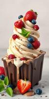 Delicious dessert featuring creamy ice cream topped with fresh berries and chocolate sauce in a stylish serving dish photo