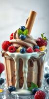 Chocolate swirl dessert topped with fresh berries and mint leaves in a stylish glass cup photo