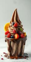 Delicious chocolate soft serve topped with fresh berries and citrus segments in a dessert cup photo