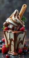 Delicious chocolate and vanilla swirl dessert topped with fresh berries in a sundae glass photo