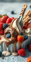 Delicious dessert bowl filled with chocolate ice cream, fresh berries, and sweet toppings in a sunny setting photo