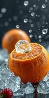 Fresh orange sliced in half with ice and water droplets creating a refreshing atmosphere in a modern setting photo