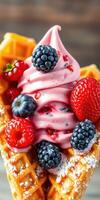 Delicious dessert served in a crispy waffle cone topped with berry ice cream and fresh fruits photo