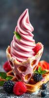 Delicious soft serve ice cream in a unique cookie cone garnished with fresh berries photo