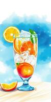 Refreshing beverage in a tall glass garnished with oranges and ice against a bright blue background photo