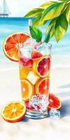 Refreshing citrus drink served in a tall glass on a sunny beach photo