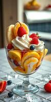 Colorful fruit dessert served in a glass bowl with whipped cream and fresh berries on a table in a kitchen setting photo