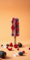 Colorful fruit popsicle standing on a wooden stick surrounded by fresh berries on a peach background photo