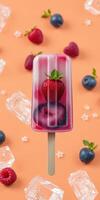Colorful frozen dessert with mixed berries and ice cubes on a bright orange background photo
