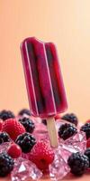 Colorful frozen popsicle rests among fresh berries on a soft background photo