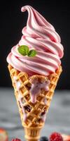 Creamy pink swirl ice cream on a waffle cone garnished with mint leaves and dripping syrup photo