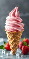 Delicious strawberry soft serve ice cream in a waffle cone with fresh strawberries nearby photo