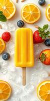 Colorful popsicle surrounded by fresh fruits and ice on a bright surface photo