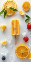 Delicious fruit popsicle with citrus and berries surrounded by fresh fruit and ice cubes photo