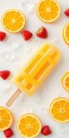 Refreshing citrus popsicle surrounded by strawberries and orange slices on a white background photo
