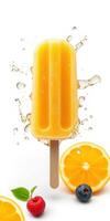 Refreshing orange popsicle with fruits and splashes captured on a bright background during summer photo