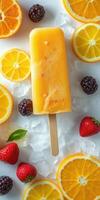 Colorful frozen fruit popsicle surrounded by fresh berries and citrus fruits on ice photo