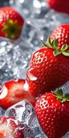 Fresh strawberries glistening on ice with droplets highlighting their juicy texture and vibrant color photo
