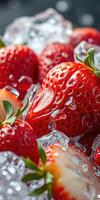 Fresh strawberries glistening with droplets on a bed of ice in a kitchen setting photo