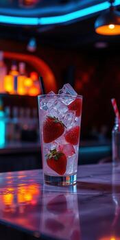 refrescante fresa bebida con hielo servido a un vibrante bar durante Noche foto