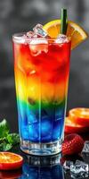 Colorful layered drink with citrus garnish captured in studio setting photo
