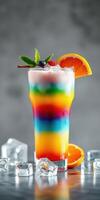 Colorful layered drink served in a tall glass with ice and fruit garnishes photo