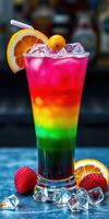 Colorful layered cocktail served with fresh fruit on a blue table photo