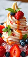 Decadent soft serve ice cream topped with fresh strawberries, blueberries, and caramel drizzle in a vibrant dessert setting photo