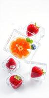 Colorful fruit surrounded by ice cubes creates refreshing summer vibe photo