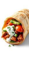Delicious wrap filled with marinated chicken, fresh vegetables, and creamy sauce served on a clean white surface photo