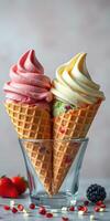 Enjoyment of colorful ice cream cones in a glass cup with fresh berries on a light background photo