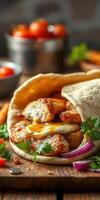 Savory grilled chicken wrap with fresh vegetables and spices showcased on a wooden table photo