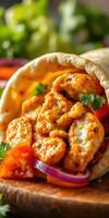 Savory grilled chicken wrap filled with fresh vegetables and herbs served on wooden board photo