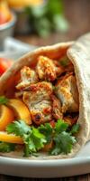 Delicious grilled chicken wrap with fresh vegetables and herbs enjoyed at a cozy outdoor setting during lunchtime photo