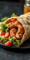 Delicious shawarma wrap with spiced chicken and fresh vegetables served on a black plate photo
