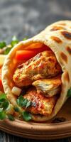 Delicious grilled chicken wrap filled with fresh vegetables and herbs served on a wooden platter photo