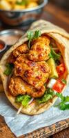 Delicious wrap filled with crispy chicken, fresh vegetables, and flavorful sauce at a local eatery photo