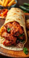 Savory grilled chicken wrap filled with fresh vegetables and rich sauce on a wooden surface photo