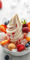 Delicious frozen yogurt topped with fresh berries and fruits on a bed of ice in a bright setting photo