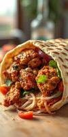 Flavorful wrap filled with spiced chicken, fresh vegetables, and herbs served on a wooden table photo