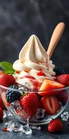 Delicious dessert bowl filled with frosty soft serve and fresh berries at a summer gathering photo