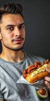 Man holding a loaded sandwich with crispy toppings in a well-lit indoor setting, showcasing culinary delight and casual dining experience photo
