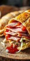 Savory sandwich loaded with layers of meat and drizzled with sauce served on a wooden board photo
