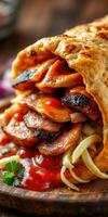 Mouthwatering wrap filled with grilled meats and fresh toppings in a cozy setting photo