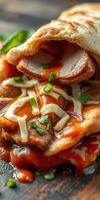 Savory wrapped dish featuring grilled meat and sauce in a cozy setting photo