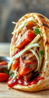 Delicious wrap filled with grilled meat, fresh vegetables, and spicy sauce at a local restaurant during lunchtime photo