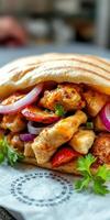 Delicious grilled chicken wrap filled with colorful vegetables, fresh herbs, and savory flavors photo