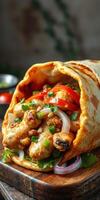 Delicious chicken wrap with fresh vegetables and herbs on a wooden board photo